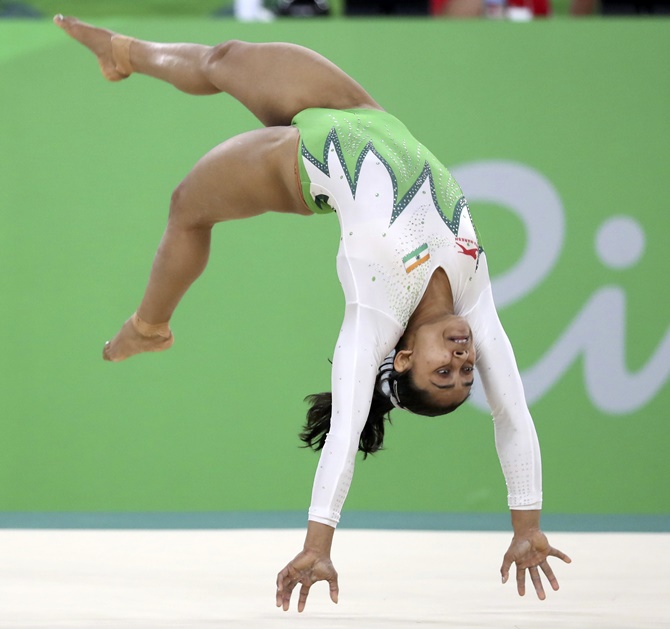 India's Dipa Karmakar competes on the vault during the artistic gymnastics preliminary women's qualifications, subdivisions, at the Rio 2016 Summer Olympics at the Rio Olympic Arena