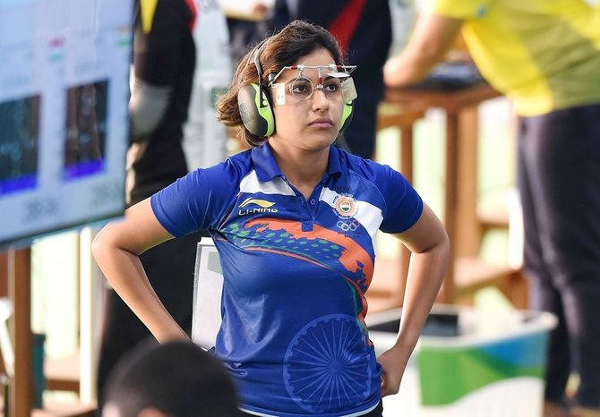  Indian shooter Heena Sidhu reacts during her event on Tuesday
