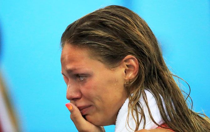 Russia's Yulia Efimova cries after her silver-medal winning effort in the women's 100m Breaststroke final at the Olympic Aquatics Stadium on Monday
