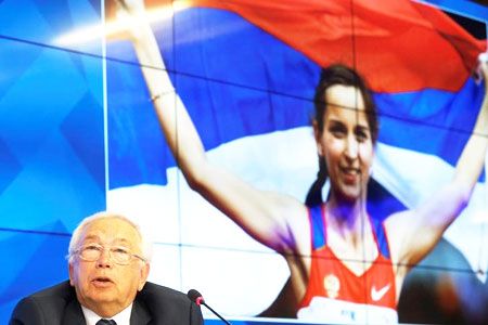 Vladimir Lukin, president of the Russian Paralympic Committee, speaks during a news conference on Monday after Russia was barred from taking part in next month's Rio Paralympics