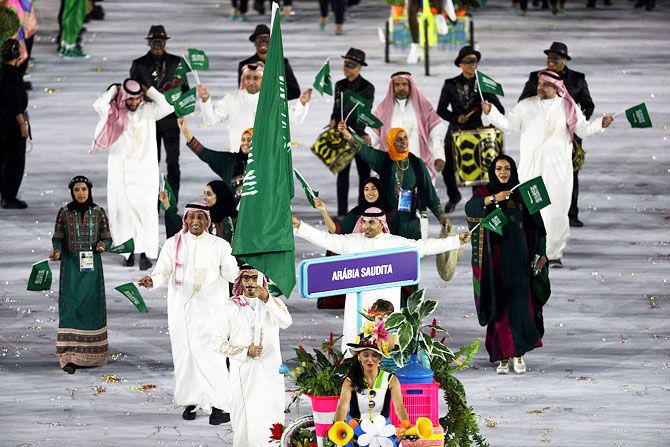  Flag bearer Sulaiman Hamad of Saudi Arabia leads his team during the Opening Ceremony of the Rio 2016 Olympic Games at Maracana Stadium on August 5, 2016 in Rio de Janeiro, Brazil
