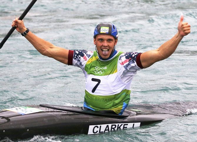 Great Britain's Joseph Clarke reacts after crossing the finish line after the Men's Kayak (K1) Canoe Slalom Final at the Whitewater Stadium in Rio de Janeiro on Wednesday