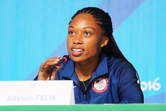 Track and field athlete Allyson Felix of the United States attends a press conference at the Main Press Centre in Barra Olympic Park in Rio de Janeiro on Wednesday
