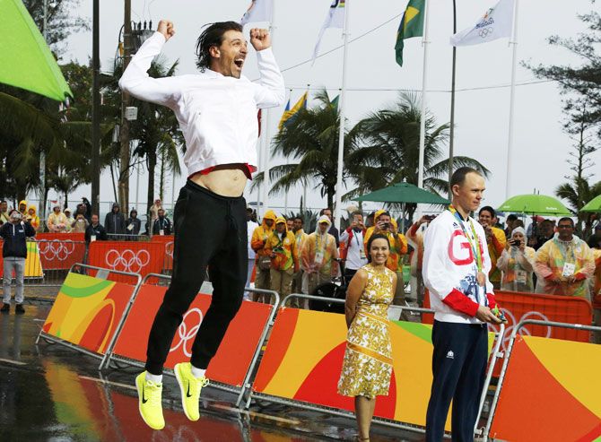 Fabian Cancellara Switzerland celebrates on podium after winning the Men's Individual Time Trial cycling in Pontal, Rio de Janeiro on Wednesday