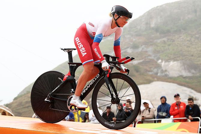 Olga Zabelinskaya of Russia starts the Cycling Road Women's Individual Time Trial on Day 5 of the Rio 2016 Olympic Games at Pontal on Wednesday