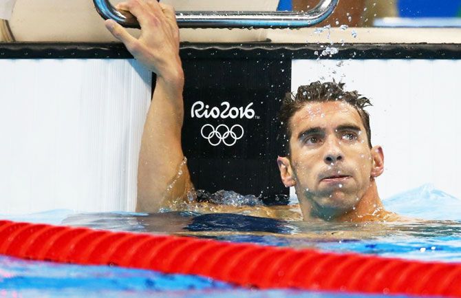 Michael Phelps of the USA reacts