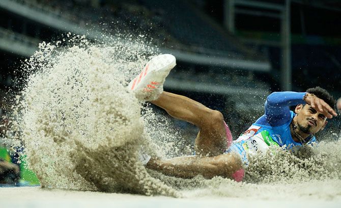Ankit Sharma of India competes in the Men's Long Jump Qualifying Round on Day 7 of the Rio 2016 Olympic Games at the Olympic Stadium