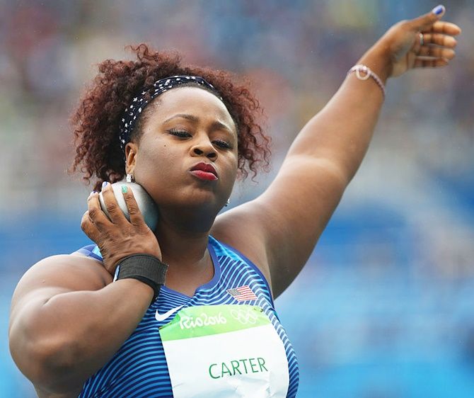 Michelle Carter of the United States competes in the women's shot put