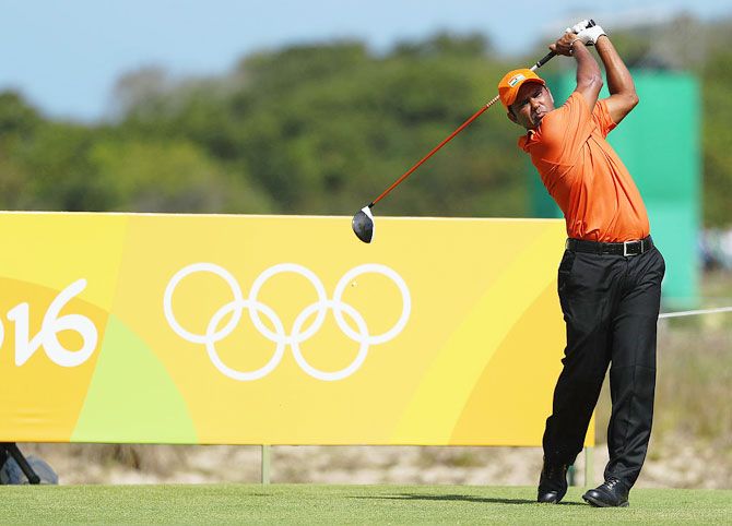 India's SSP Chawrasia hits his tee shot on the ninth hole during the third round of the golf on Day 8 of the Rio 2016 Olympic Games at the Olympic Golf Course on Saturday