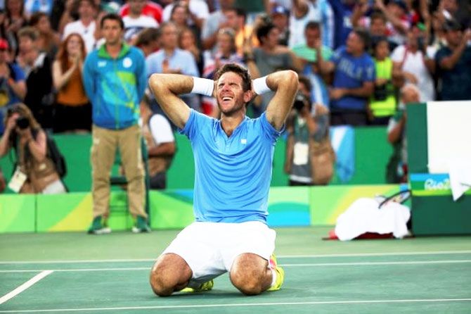 Argentina's Juan Martin Del Potro celebrates after defeating Spain's Rafael Nadal in the men's singles semi-final on Saturday
