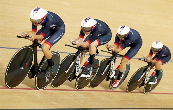 Britain's Kate Archibald, Laura Trott, Elinor Barker and Joanna Rowsell compete in the Women's Team Pursuit cycling final gold race on Saturday