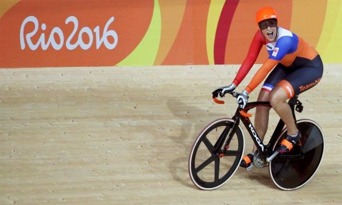 The Netherlands' Elis Ligtlee reacts after winning gold in the Women's Keirin final at the cycling track at the Rio Olympic Velodrome on Saturday