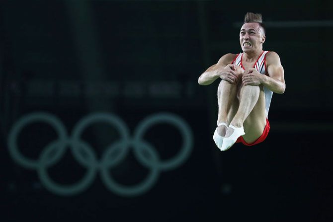 Uladzislau Hancharou of Belarus performs during the Men's Trampoline on Day 8 of the Rio 2016 Olympic Games at the Rio Olympic Arena in Rio de Janeiro on Saturday