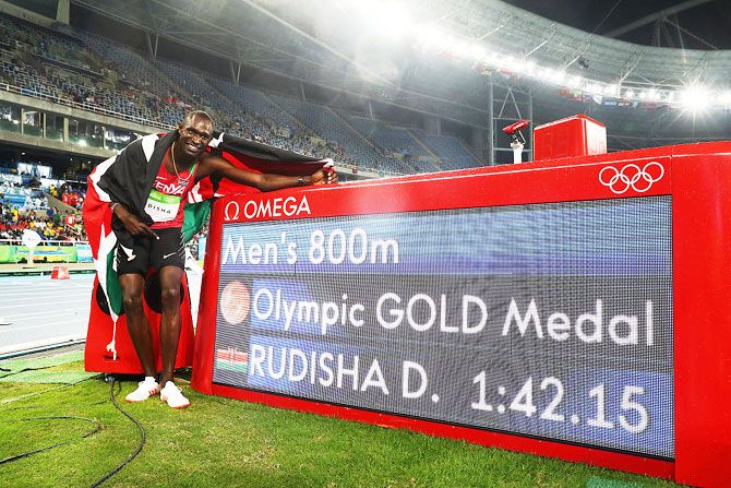 David Lekuta Rudisha of Kenya poses after winning the gold medal in the Men's 800m Final on Day 10 of the Rio 2016 Olympic Games at the Olympic Stadium on Monday