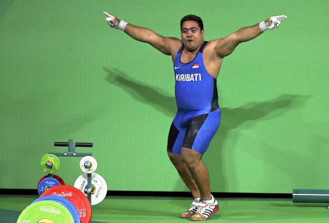 David Katoatau of Kiribati dances off the weightlifting platform after his effort in the Men's 105kg final at the Rio Games on Monday