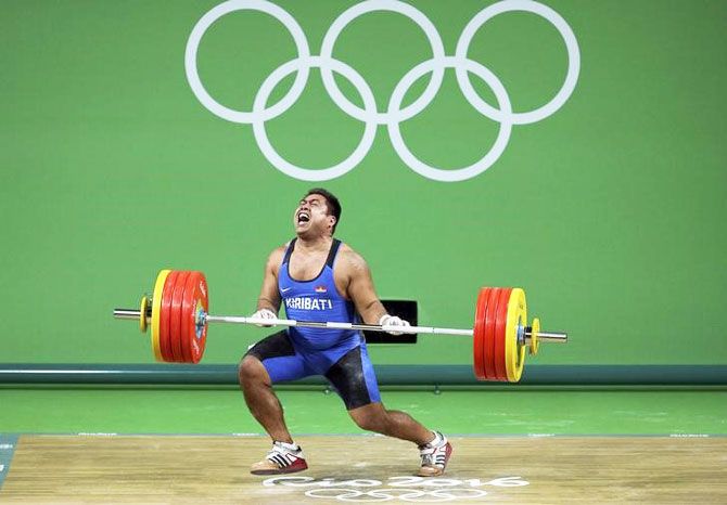 David Katoatau of Kiribati fails a lift in the Men's 105kg weightlifting final on Monday