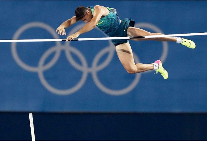 Thiago Braz da Silva of Brazil competes in the Men's Pole Vault final at the Rio 2016 Olympic Games at the Olympic Stadium in Rio de Janeiro on Monday