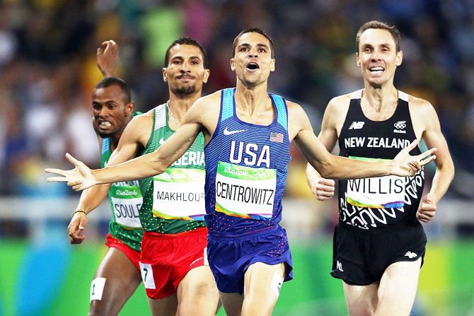 Matthew Centrowitz of the United States reacts after winning gold in the Men's 1500 meter Final at the Rio Olympics