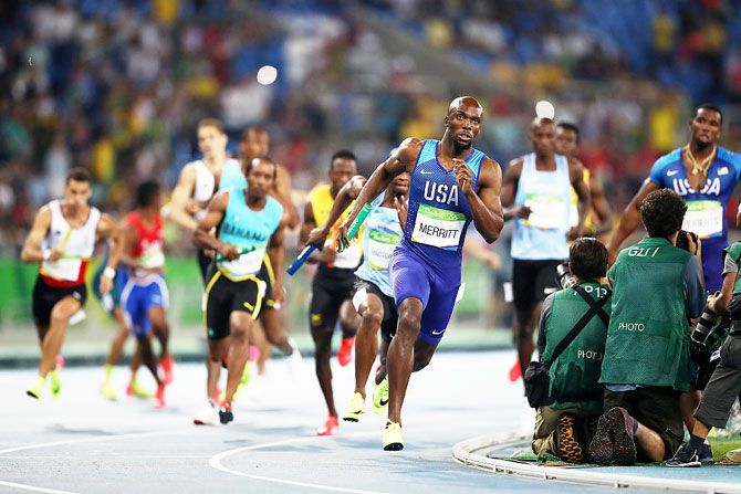 Lashawn Merritt of the United States competes during the Men's 4 x 400 meter Relay on Day 15 of the Rio 2016 Olympic Games at the Olympic Stadium on Saturday