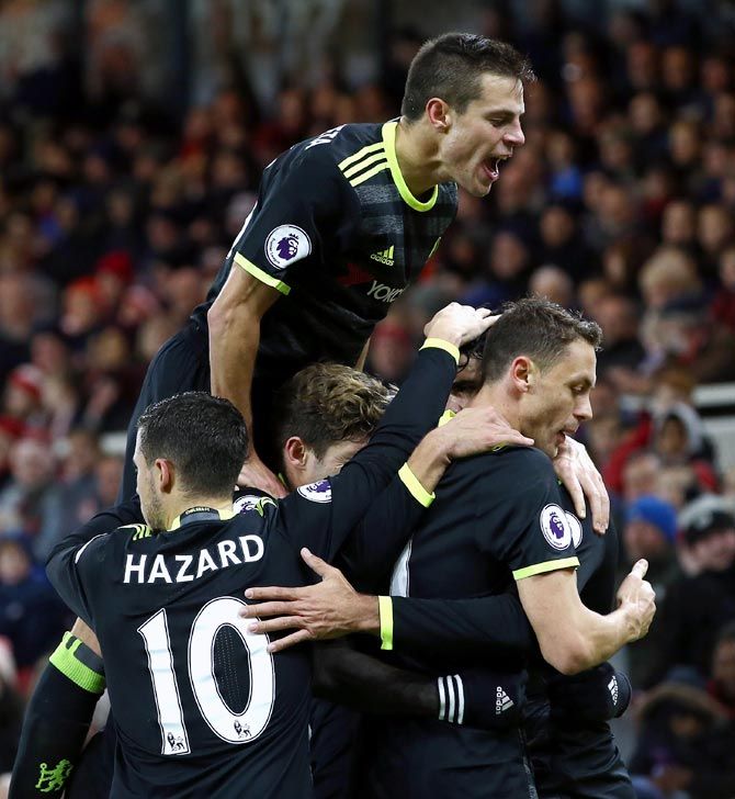 Chelsea's players celebrate after Diego Costa scored a goal against Middlsbrough earlier this season