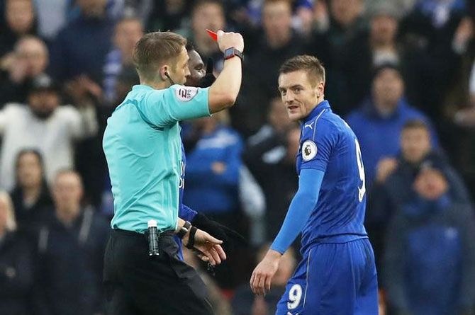 Leicester City's Jamie Vardy is shown a red card by referee Craig Pawson during their English Premier League match against Stoke City on Saturday, December 17