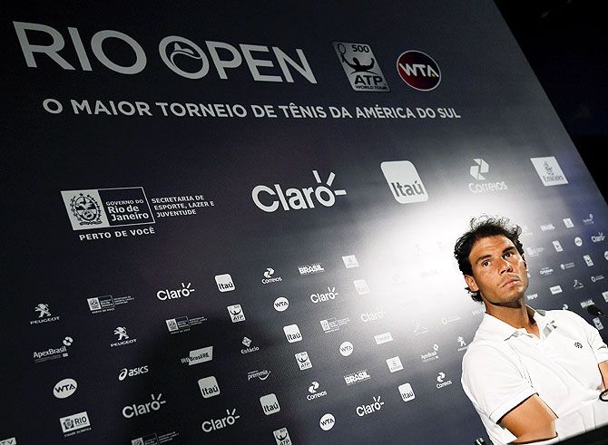 Spain's Rafael Nadal attends a press conference during a ATP Rio Open at Jockey Club in Rio de Janeiro on Monday