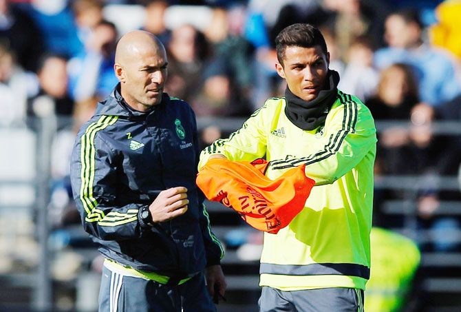 Real Madrid manager Zinedine Zidane and Cristiano Ronaldo during a Real Madrid training session
