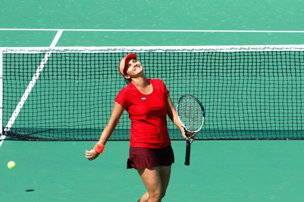 India's Sania Mirza reacts after a point 