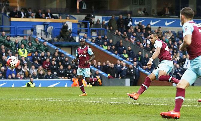 West Ham's Dimitri Payet scores the fifth goal against Blackburn Rovers in their FA Cup fifth round match at Ewood Park on Sunday