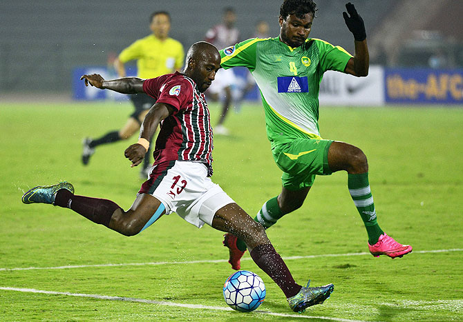 Players of Mohun Bagan and Maziya Sport & Recreation of Maldives in action during their Asian Football Confederation (AFC) championship match in Guwahati on Wednesday