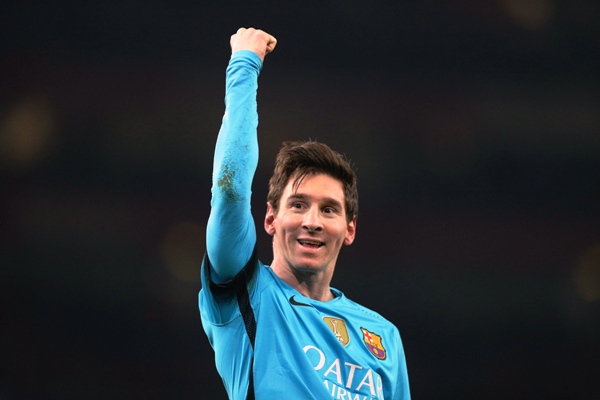 Lionel Messi of Barcelona celebrates scoring his second goal 