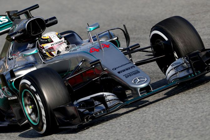 Mercedes GP's British driver Lewis Hamilton drives during Day 4 of the F1 winter testing at Circuit de Catalunya in Montmelo, Spain, on Thursday