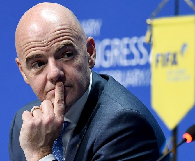 FIFA president Gianni Infantino looks on during a press conference