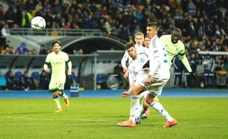 Yaya Toure scores the third goal for Manchester City during their UEFA Champions League Round of 16, first leg match against Dynamo Kiev at NSC Olimpiyskiy Stadium, in Kiev, Ukraine, on Wednesday