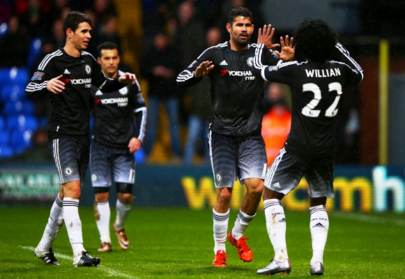 Diego Costa of Chelsea celebrates with teammates 