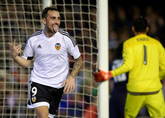 Paco Alcacer of Valencia celebrates scoring his team's second goal during the La Liga match 