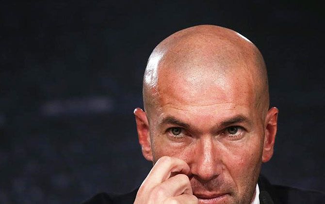 Real Madrid's new coach Zinedine Zidane at a news conference at Santiago Bernabeu stadium in Madrid  on Tuesday