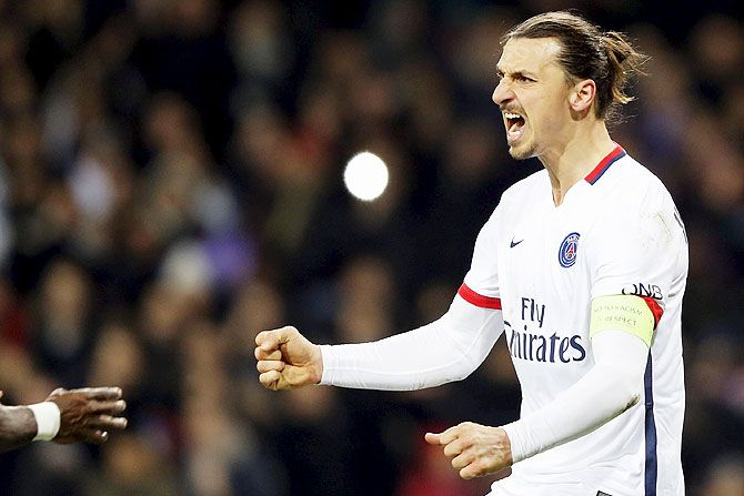 Paris St Germain's Zlatan Ibrahimovic celebrates after scoring against Toulouse during their French Ligue 1 match