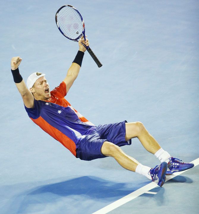 Australia's Lleyton Hewitt celebrates winning in his first round match against compatriot James Duckworth at the 2016 Australian Open at Melbourne Park on Tuesday
