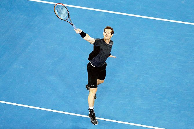 Great Britain's Andy Murray stretches for a backhand volley during his third round match against Portugal's Joao Sousa at the 2016 Australian Open at Melbourne Park on Saturday