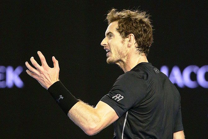 Andy Murray reacts in his men's singles final match against Novak Djokovic on Sunday
