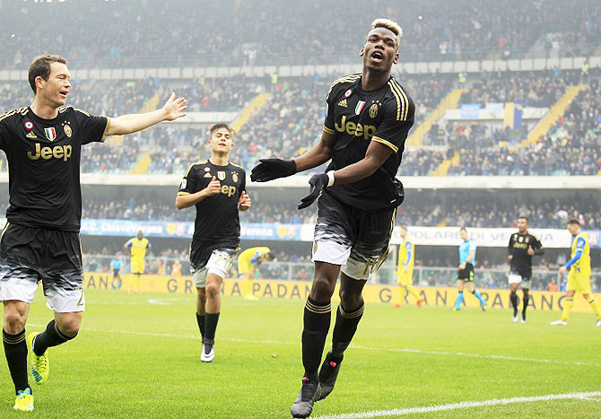 Juventus' Paul Pogba celebrates after scoring a goal
