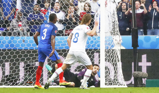 Iceland's Birkir Bjarnason scores their second goal 