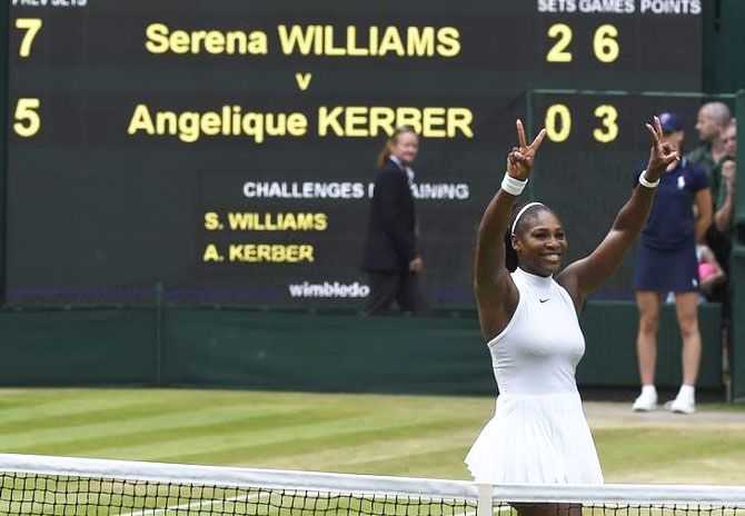 Serena Williams celebrates winning her Wimbledon final match against Germany's Angelique Kerber