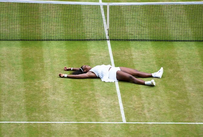 USA's Serena Williams celebrates winning her Wimbledon women's singles final match against Germany's Angelique Kerber on Saturday