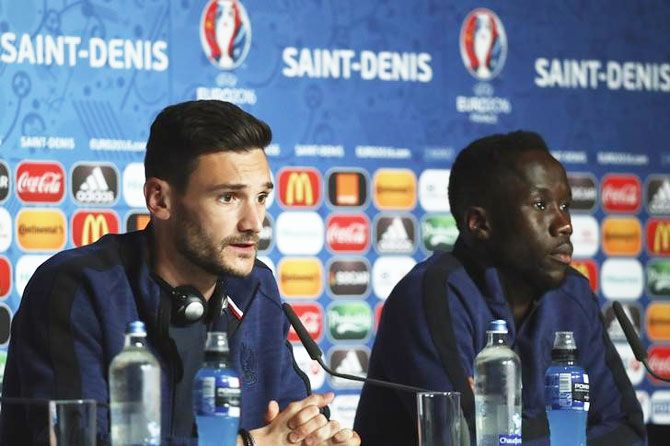 France's Hugo Lloris and Bacary Sagna during a news conference in Paris on Saturday