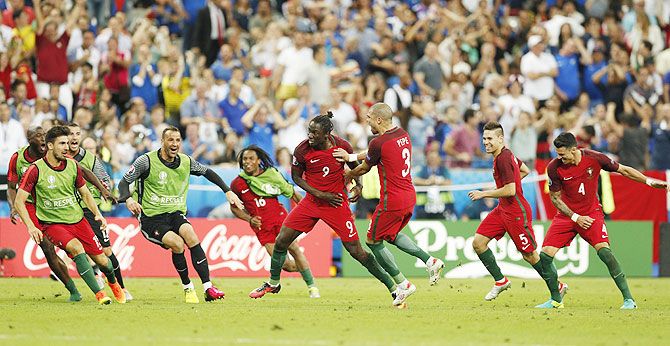 Portugal's Eder celebrates scoring against France in the Euro 2016 final on Sunday