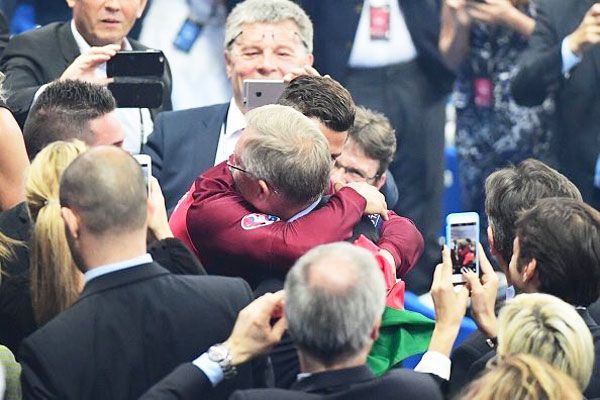 Cristiano Ronaldo hugs Alex Ferguson after the Euro 2016 final on Sunday