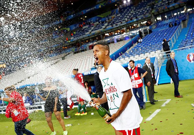Portugal's Nani celebrates his team's Euro 2016 win on Sunday, July 10