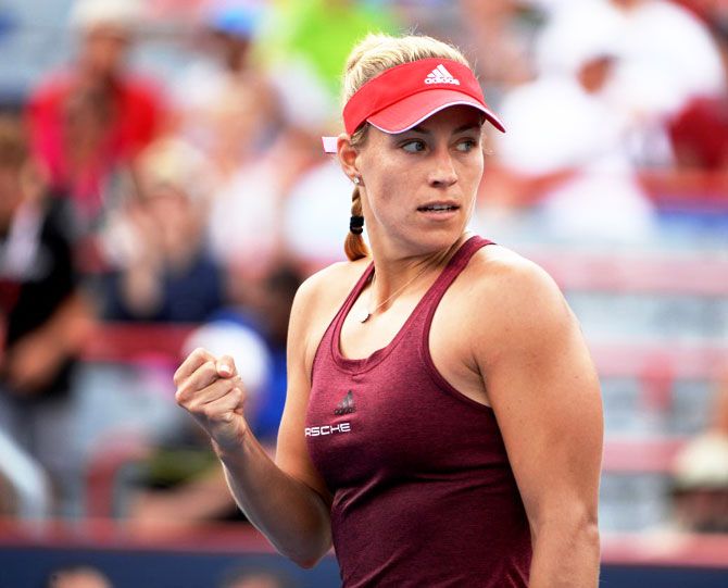 Germany's Angelique Kerber reacts after defeating Daria Kasatkina of Russia (not pictured) on day five of the Rogers Cup tennis tournament at Uniprix Stadium on Friday